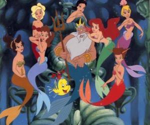 The Little Mermaid Ariel talking to his father, King Triton, her six sisters and her friends Flounder the fish and the crab Sebastian puzzle