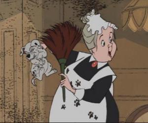 The Nanny cleans one of the puppies that are covered with soot puzzle