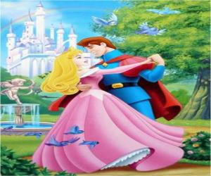 The prince and princess, Philip and Aurora, dancing in love in the garden puzzle