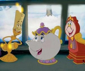 The teapot Mrs. Potts, Lumiere the candelabra and the clock Cogsworth puzzle