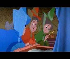 The three fairy godmothers watching the little Princess Aurora the day of engagement to Prince Philip puzzle