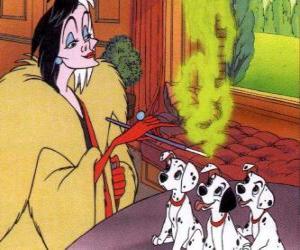 The wicked Cruella De Vil with three Dalmatian puppies puzzle