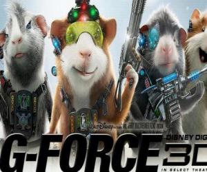 Three members of the team G-Force: Agents Juarez, Blaster and Darwin puzzle
