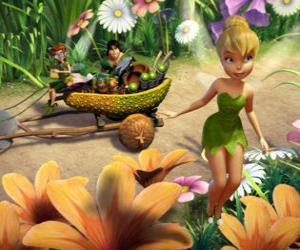 Tinker Bell flying between the plants with her friends Clank and Bobble puzzle