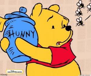Winnie the Pooh with a jar of honey bees apart from puzzle