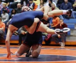 Wrestling - Two wrestlers and a referee in a fight puzzle
