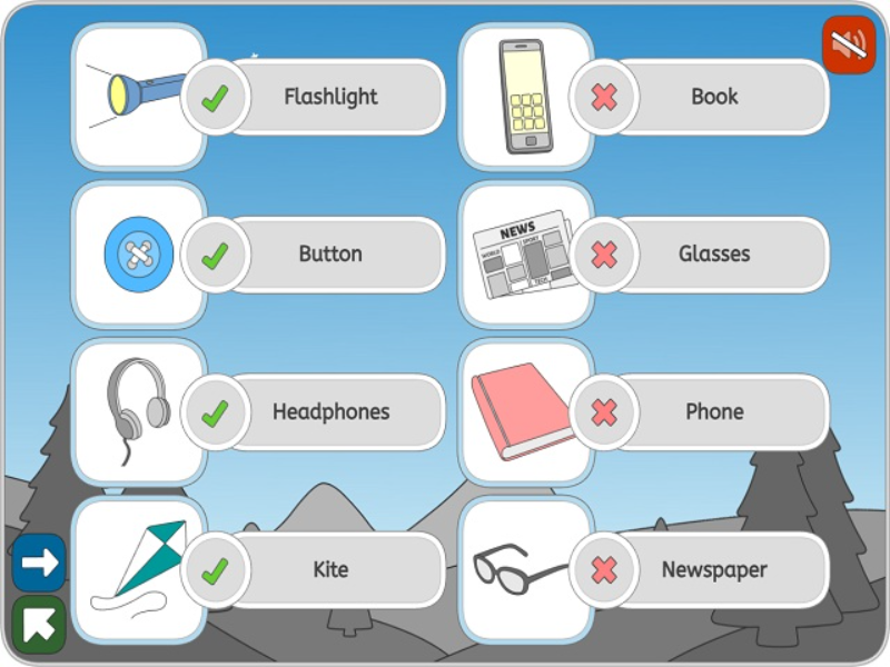 flashlight button headphones kite book glasses phone newspaper puzzle