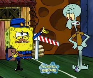 SpongeBob dressed as a policeman asks a pass to Squidward Tentacles puzzle