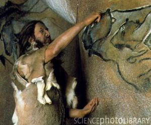 A prehistoric artist realising a cave painting representing a buffalo in the wall of a cave while is observed by a dinosaur from outside puzzle