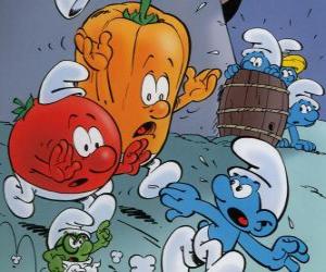 A Smurf is pursued by a tomato and pepper puzzle