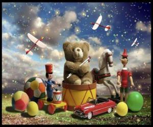 A teddy bear sitting on a drum, balls and other precious gifts of Christmas puzzle