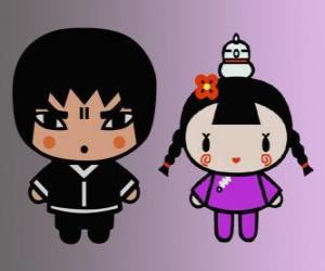 Abyo and Ching, Pucca's friend with her hen Gwon and Garu's friend puzzle