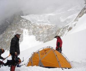 Adventurers mounting the tent puzzle