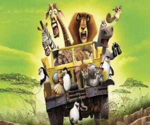 Alex the Lion driving a jeep with his friends Gloria, Melman, Marty and other protagonists of the adventures puzzle