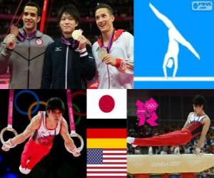 Artistic gymnastics men's artistic individual all-around podium, Kohei Uchimura (Japan), Marcel Nguyen (Germany) and Danell Leyva (United States) - London 2012 - puzzle