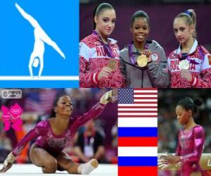 Artistic gymnastics women's individual individual all-around podium, Gabrielle Douglas (United States), Viktoria Komova and Aliya Mustafina (Russia) - London 2012- puzzle