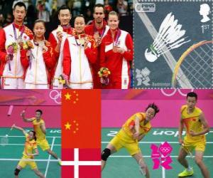 Badminton mixed doubles podium, Zhang Nan and Zhao Yunlei (China), Xu Chen, Ma Jin (China) and Joachim Fischer/Christinna Pedersen (Denmark) - London 2012 - puzzle