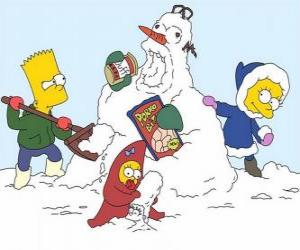 Bart, Lisa and Maggie make a snowman puzzle