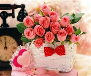 Basket of pink roses and hearts puzzle