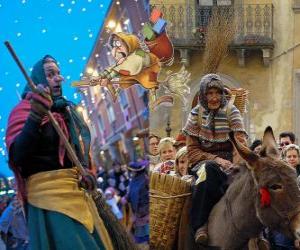 Befana is a smiling old woman flying on a broom carrying candy or coal to the children in Italy puzzle