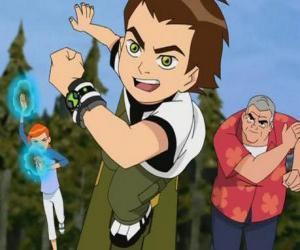 Ben 10 with the alien watch Omnitrix on his wrist next to his cousin Gwen and their grandfather Max puzzle