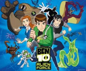 Ben, Gwen and Kevin, human protagonists of Ben 10 and his 10 original alien personalities puzzle