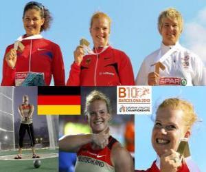 Betty Heidler champion in hammer throw, Tatiana Lysenko and Anita W&#322;odarczyk (2nd and 3rd) of the European Athletics Championships Barcelona 2010 puzzle