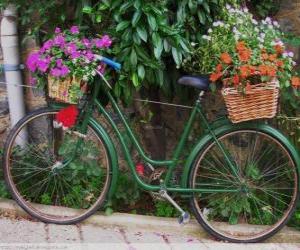 Bicycle with baskets full of flowers puzzle