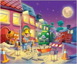 Bob and his friends at night trabajano repairing a city street puzzle