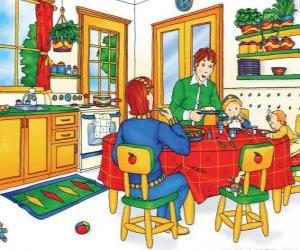 Caillou and his family eating in the kitchen puzzle