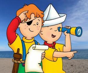 Caillou and Leo playing pirates and searching for treasure with the map puzzle