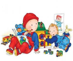Caillou playing with his sister Rosie puzzle