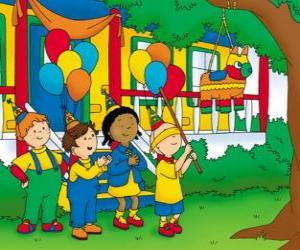 Caillou trying to break the pinata at a party with her friends puzzle