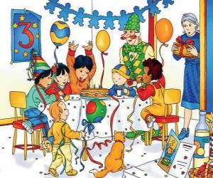 Caillou with friends on their birthday puzzle