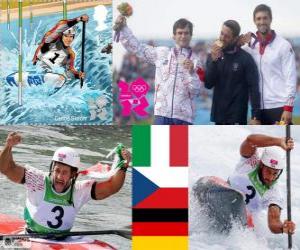 Canoeing men slalom K1 podium, Daniele Molmenti (Italy), Vavřinec Hradilek (Czech Republic) and Hannes Aigner (Germany) - London 2012- puzzle