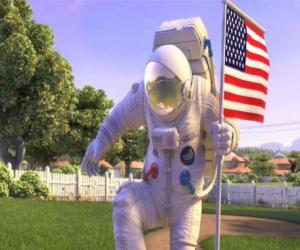 Captain Charles Chuck Baker, hammering the American flag to land on Planet 51 puzzle