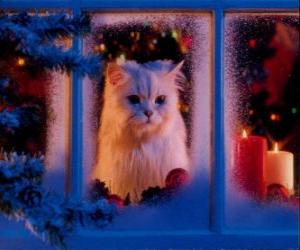 Cat looking out the window at Christmas puzzle