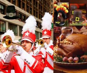 Celebration of Thanksgiving Day with the traditional turkey and Pilgrims typical hat. In U.S. is held the fourth Thursday in November puzzle