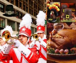 Celebration of Thanksgiving Day with the traditional turkey and Pilgrims typical hat. In U.S. is held the fourth Thursday in November puzzle