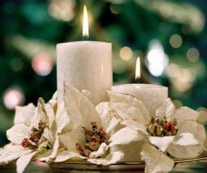 Centerpiece with two candles and white flowers puzzle