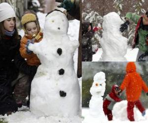 Children playing with a snowman puzzle