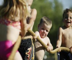 Children playing with pull rope puzzle