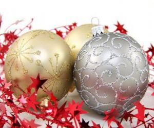 Christmas balls decorated with stars and a ribbon puzzle