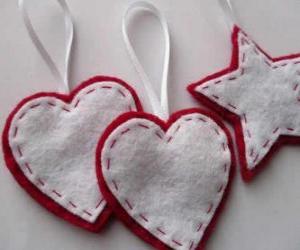 Christmas ornaments in the shape of hearts and stars puzzle