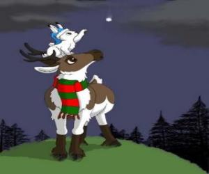 Christmas reindeer with scarf and a white bunny over his head he wants to catch a star puzzle