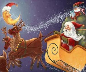 Christmas sleigh pulled by magical reindeers and loaded with gifts, Santa Claus and an elf puzzle