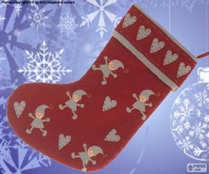 Christmas sock decorated with elves and hearts puzzle