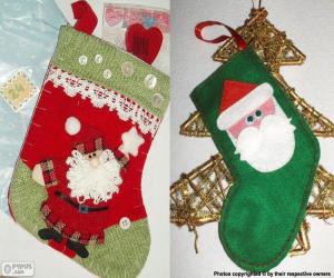 Christmas socks decorated with Santa Claus puzzle