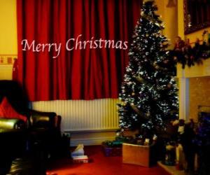 Christmas tree decorated with beads and with gifts underneath puzzle