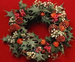 Christmas wreath formed by holly leaves and varied fruits puzzle